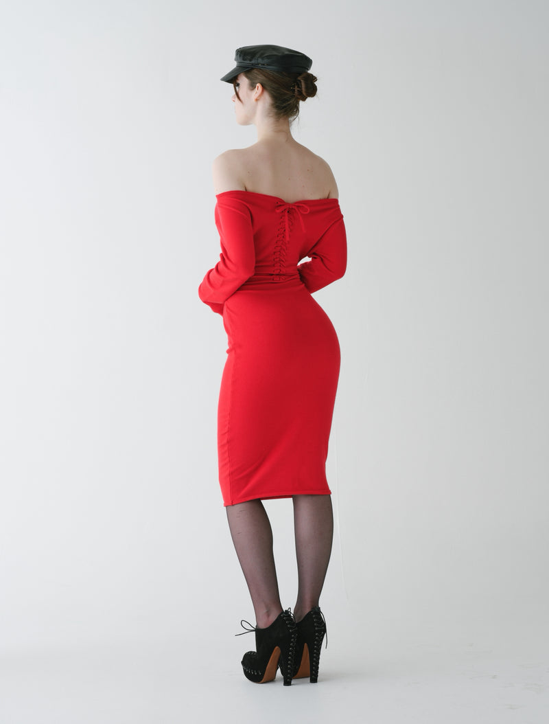 Lace up knit dress red