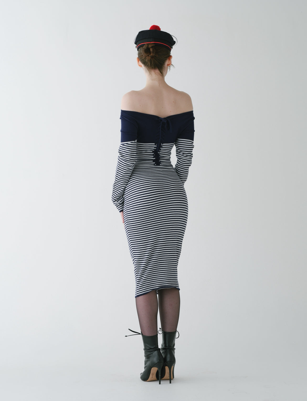 lace up striped dress Women's Striped Lace-Up Shirt Dress High Waist Slim Fit Midi Beige / XXL