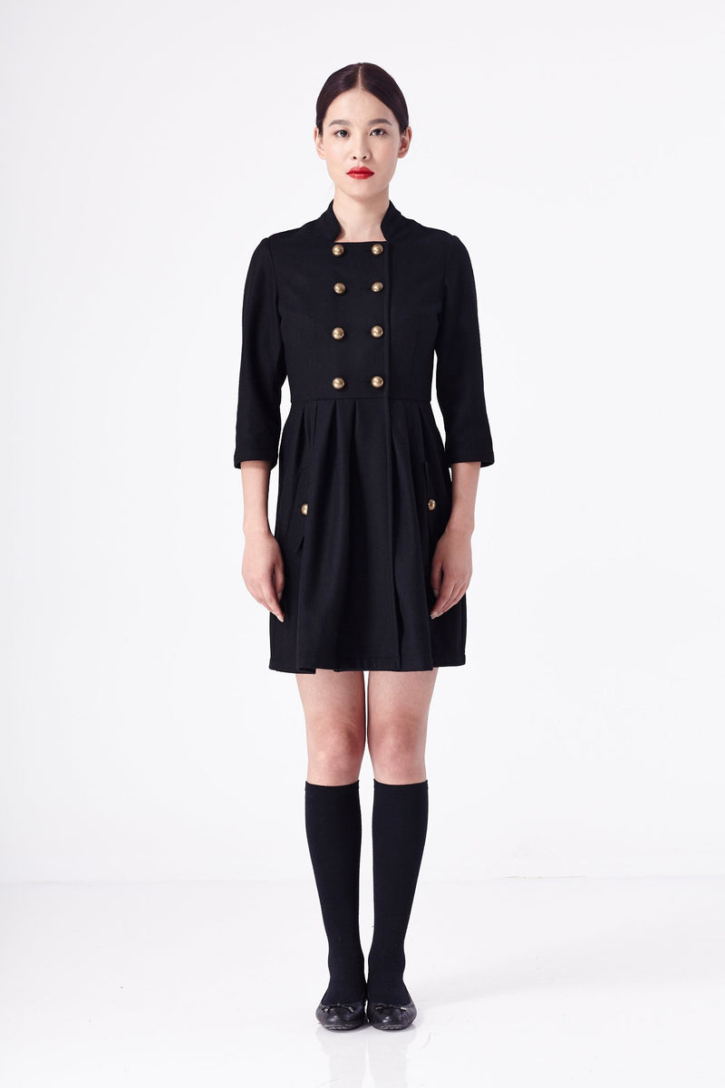 military dress black Women's Genuine Leather Black Dress- Slim Fit Military Style Button Front Outfit